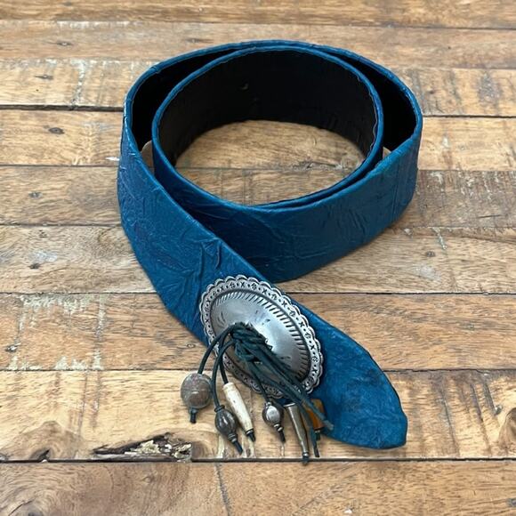 J. Foss Blue Textured Leather Belt Engraved Silver Buckle with charms main image 11